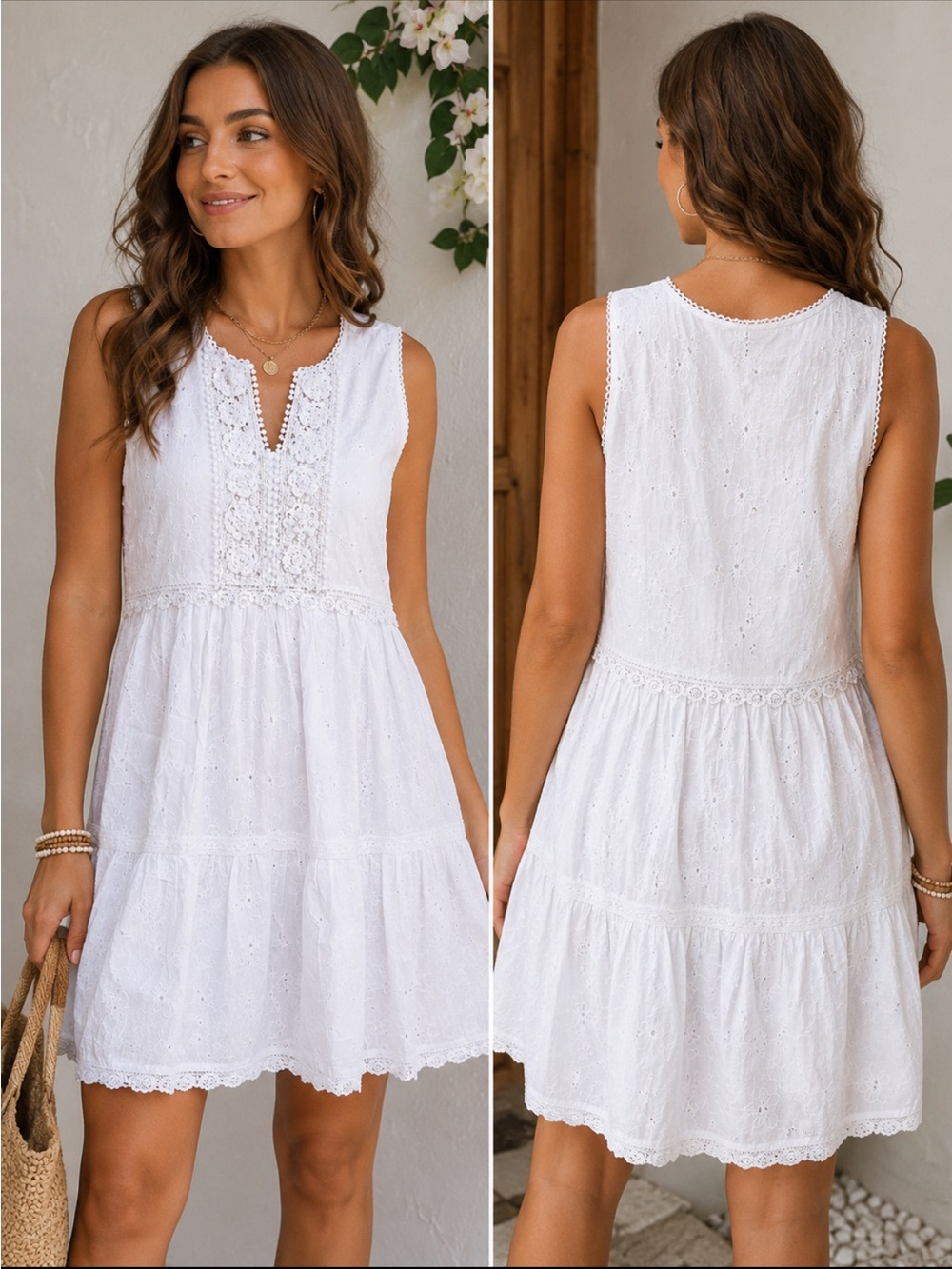 Bella Tu White Embellished Eyelet Cotton Boho Babydoll Dress XS